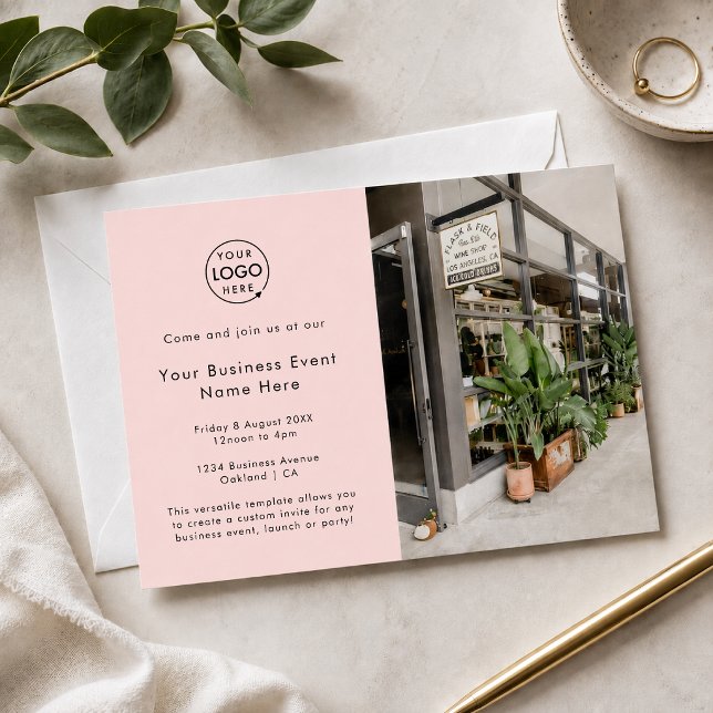 Affärsevenemangsinbjudan | 5x7 Fotobjudkort Inbjudningar (Blush pink business launch invitation with photo and logo for boutiques, salons, and studios.)