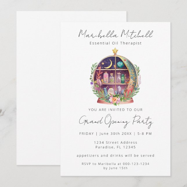 Affärshändelse för magisk essentiell olja inbjudningar (Fram/baksida)