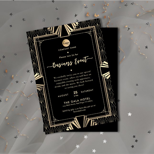 Affärshändelse för professionell Art Deco Black &  Inbjudningar (Professional Art Deco Black & Gold Business Event Invitation)