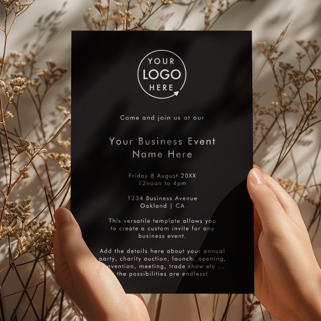 Affärshändelse | Svart modern minimalistisk Inbjudningar (Modern stylish black business event invitation template by Guava - sleek, clean, and customizable)