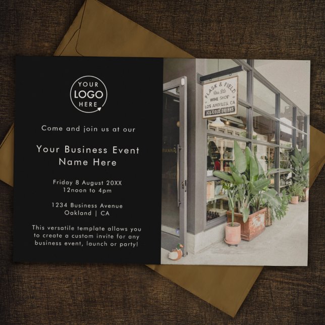 Affärshändelse | Svart, modernt, minimalistiskt fo Inbjudningar (Stylish black photo business event invitation by Guava - sleek, modern, and customizable)