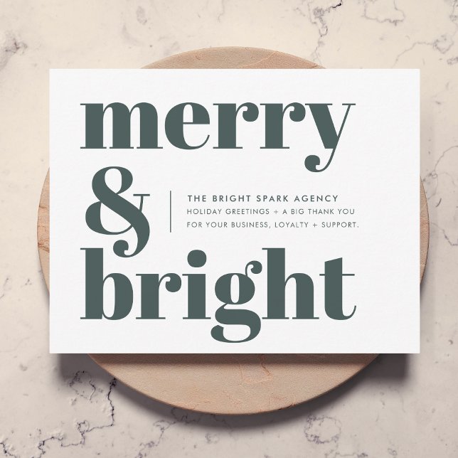 Affärshjul | Merry and Bright Forest Grönt Julkort (Business Christmas holiday card by Guava, featuring bold “Merry & Bright” typography in forest green)