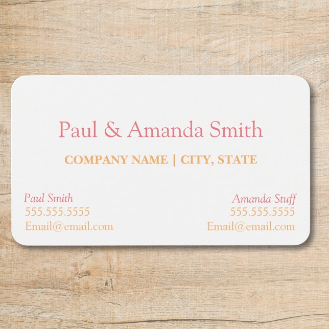 AFFÄRSKORT - 2 NAMN VISITKORT (business card with slot for two names Rounded corners Pink and Orange text, two contacts)