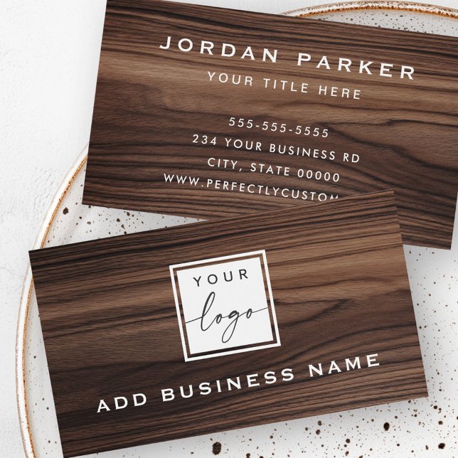 affärskort av elegant av brunkornigt träkorn logot visitkort (Elegant brown wood grain look logo business card)