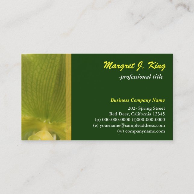 Affärskort av grönt av orkidéblommor. visitkort (Framsida)