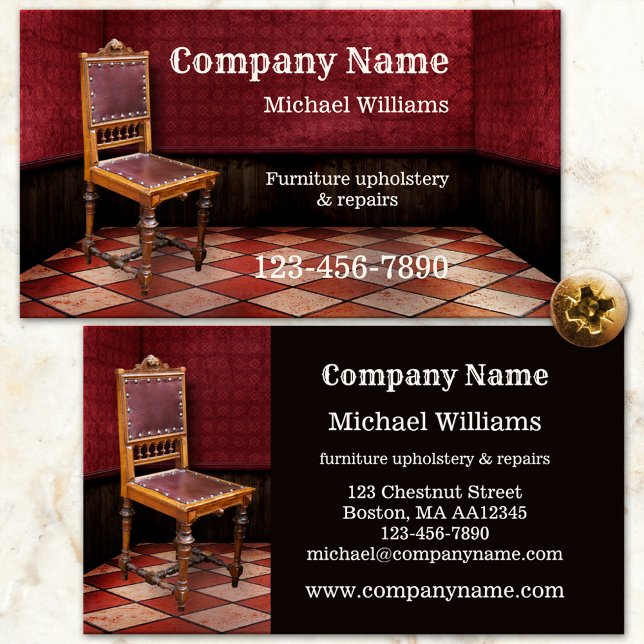 Affärskort av möbler för reparation och stoppning visitkort (Professional furniture crafts and upholstery or repair business card featuring a vintage chair)