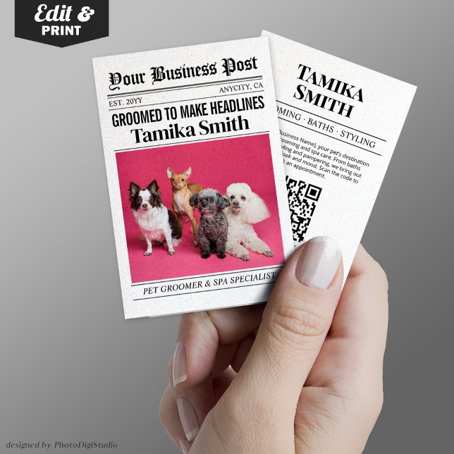 Affärskort av tidningar, husdjur och husdjur (Newspaper Business Card, Pet Groomer & Pet Spa Calling Card)