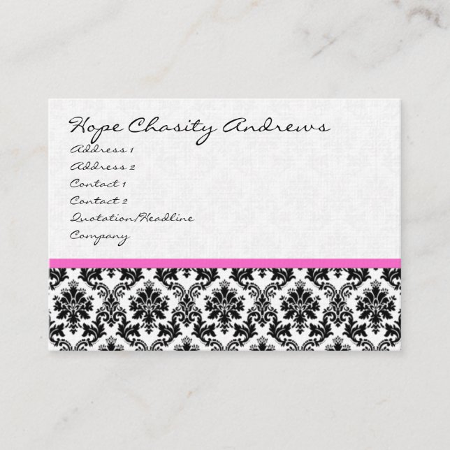 Affärskort Black White Damask med Rosa Ribbon Visitkort (Framsida)