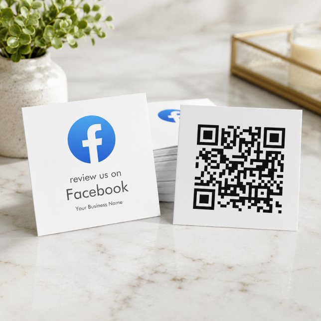 Affärskort | Facebook QR-kod recensionsförfrågan Fyrkantigt Visitkort (Facebook QR code business cards for review requests, packages, receipts, and checkout folders)