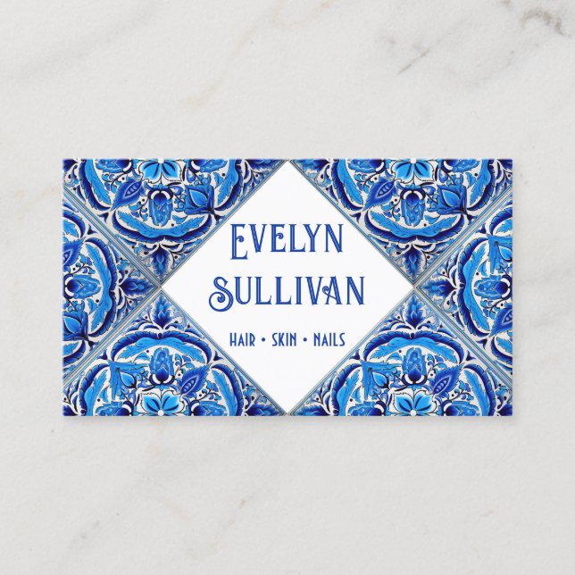 Affärskort för blåa medelhavsplattor visitkort (Framsida)