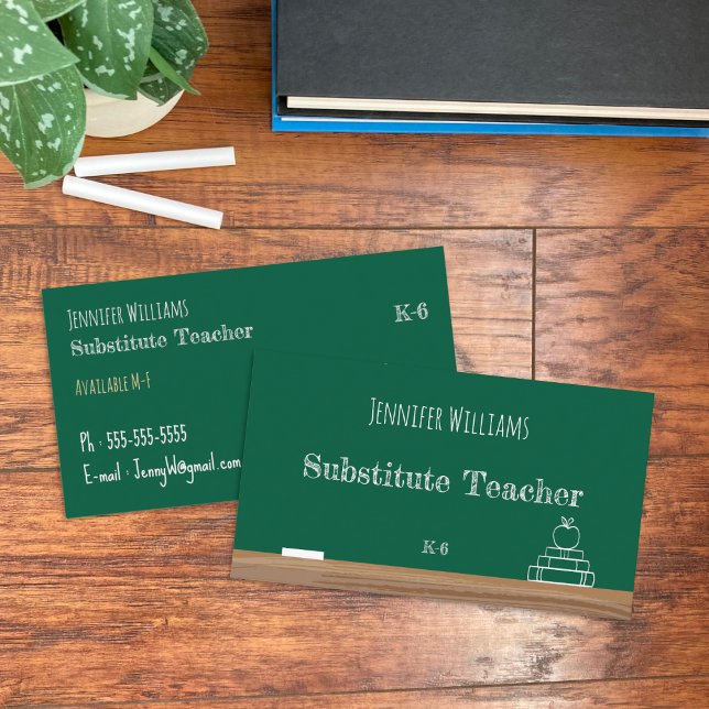 Affärskort för Chalkboard Supportant Lacher Visitkort (Green chalkboard substitute teacher double-sided business cards .)