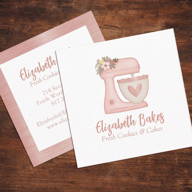 Affärskort för enkel Blommigt av bakverk Fyrkantigt Visitkort (A cute pink  mixer bakery business card. Personalize it with your info.)