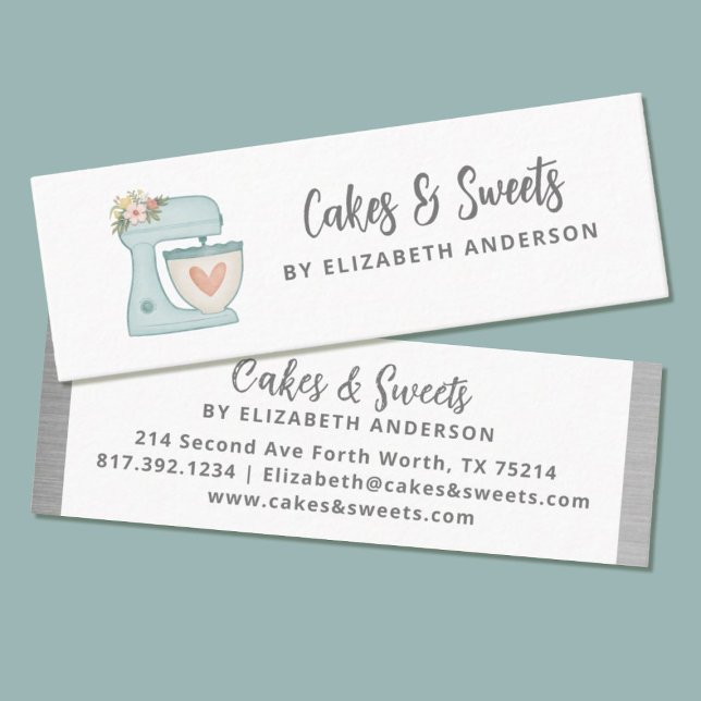 Affärskort för enkel Blommigt av bakverk Mini Visitkort (A modern thin business card with a cute blue mixer. charming for your bakery business card.)