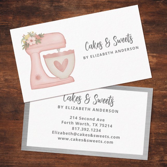 Affärskort för enkel Blommigt av bakverk Visitkort (A cute pink mixer decorates this bakery business card. Personalize it for your business.)
