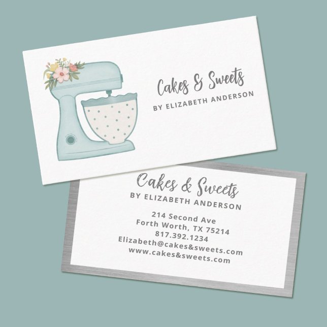 Affärskort för enkel Blommigt av bakverk Visitkort (A pretty blue polkadot mixer with flowers decorates this bakery business card.)