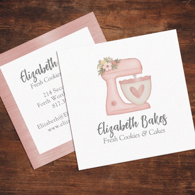 Affärskort för enkel Rosa Mixer Blommigt Cake Bake Fyrkantigt Visitkort (Pink Mixer Bakery Business Card. Personalize it with your small business info.)