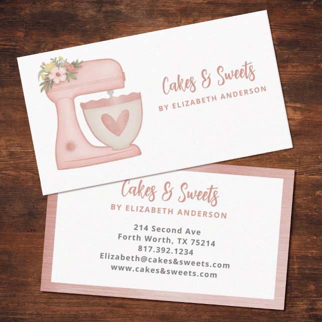 Affärskort för enkel Rosa Mixer Blommigt Cake Bake Visitkort (A cute pink mixer business card. Great for a small bakery.)