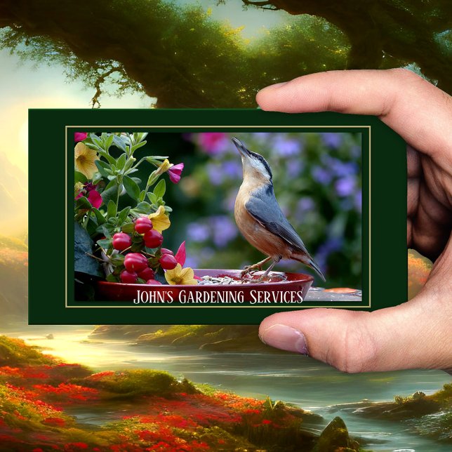  Affärskort för grönt Visitkort (Business card featuring garden scenes with flowers and a cute bird - garden design and maintenance)