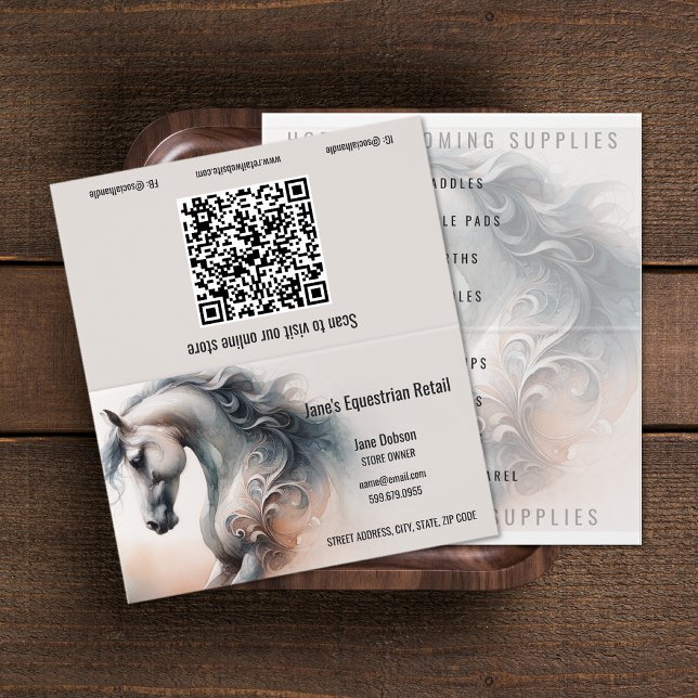Affärskort för hästhästdjurets QR-kod, vikt Visitkort (Horse Equestrian QR Code Folded Business Cards (unfolded))