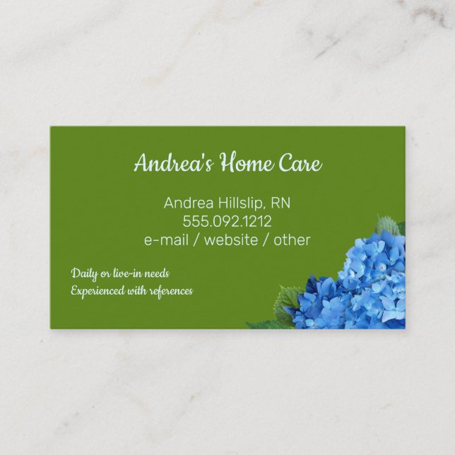 Affärskort för Home Care Blue Hydrangeas Anpassnin Visitkort (Framsida)