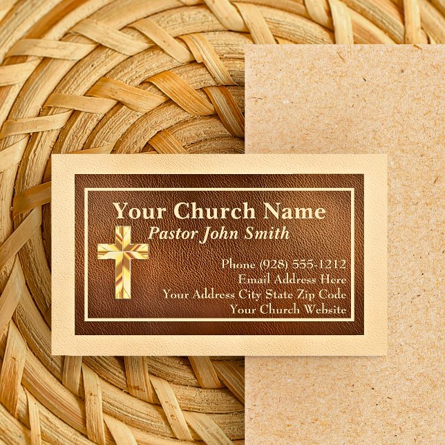 Affärskort för kyrkpastor Guld Leather Visitkort (Church Pastor Gold Faux Leather Business Cards)