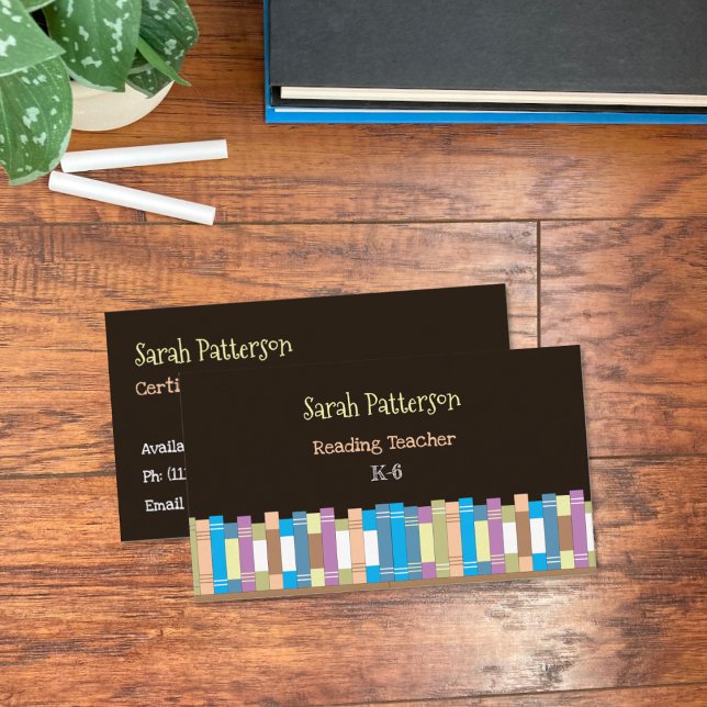 Affärskort för läsning av Lachersvarta  Visitkort (Educator double-sided black business cards with colorful books .)