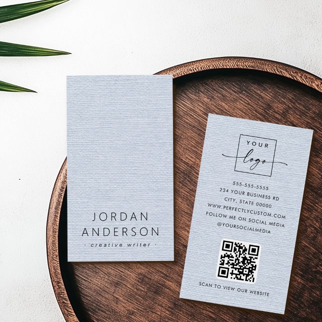 Affärskort för ljusdammig blå logotyp QR-kod Visitkort (Light dusty blue linen look logo QR code business cards)