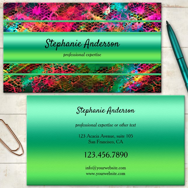 Affärskort för ljusnyfärgad Grönt Visitkort (A colorful business card featuring an eye catching neon abstract design with green stripes)