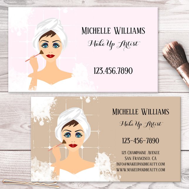 Affärskort för makeup och skönhet visitkort (Business card featuring an illustration of a woman applying makeup - makeup artist - beauty)