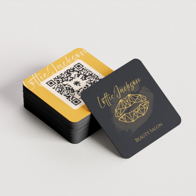 Affärskort för modern Anpassningsbar Fyrkantigt Visitkort (Black and golden tones beauty industry custom business card design, square shaped.)