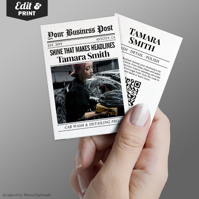 Affärskort för nyhetsblad, Tvätta bil och automati (Newspaper Business Card, Car Wash & Auto Detailing Calling Card)