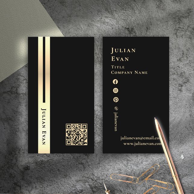 Affärskort för QR-kod för konstnärligt svartvitt o Visitkort (Artistic Black & Gold Scannable QR code Business Card)