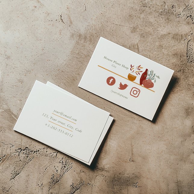 Affärskort för småskalig verkstad visitkort (House plant shop business card with minimalist plant illustration and social media icons.)