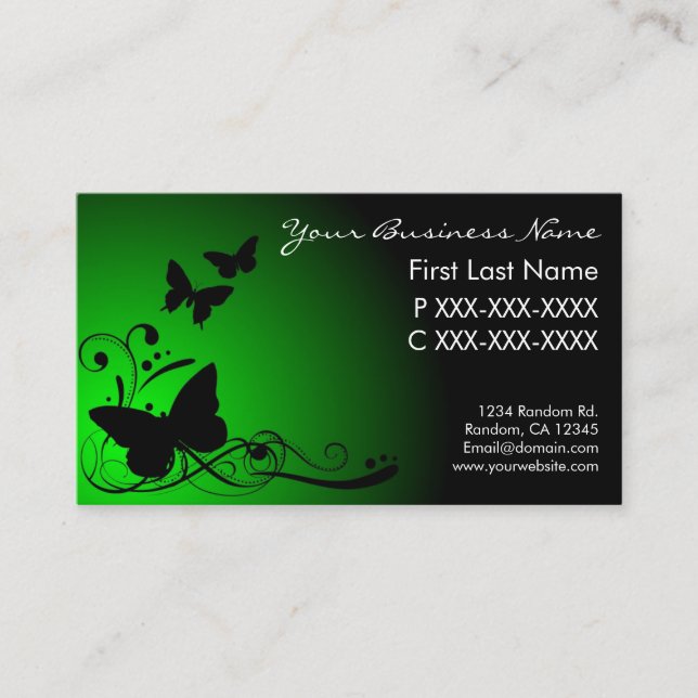affärskort för svarttonad fjärilsmusslafsa i grönt visitkort (Framsida)