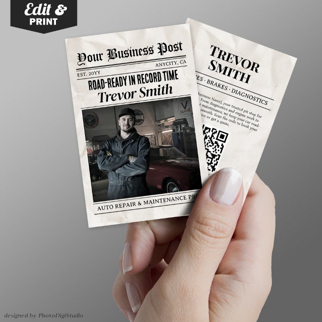 Affärskort för tidningar, automatisk reparation av (Newspaper Business Card, Auto Repair Car Mechanic Calling Card)