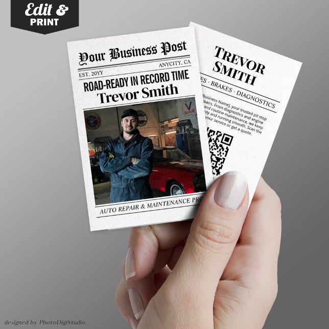 Affärskort för tidningar, automatisk reparation av (Newspaper Business Card, Auto Repair Car Mechanic Calling Card)