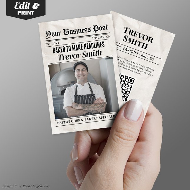 Affärskort för tidningar, konditorivaror och bakar (Newspaper Business Card, Pastry Chef & Baker Calling Card)
