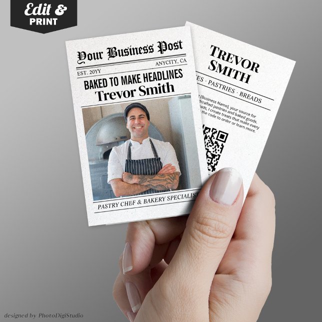 Affärskort för tidningar, konditorivaror och bakar (Newspaper Business Card, Pastry Chef & Baker Calling Card)