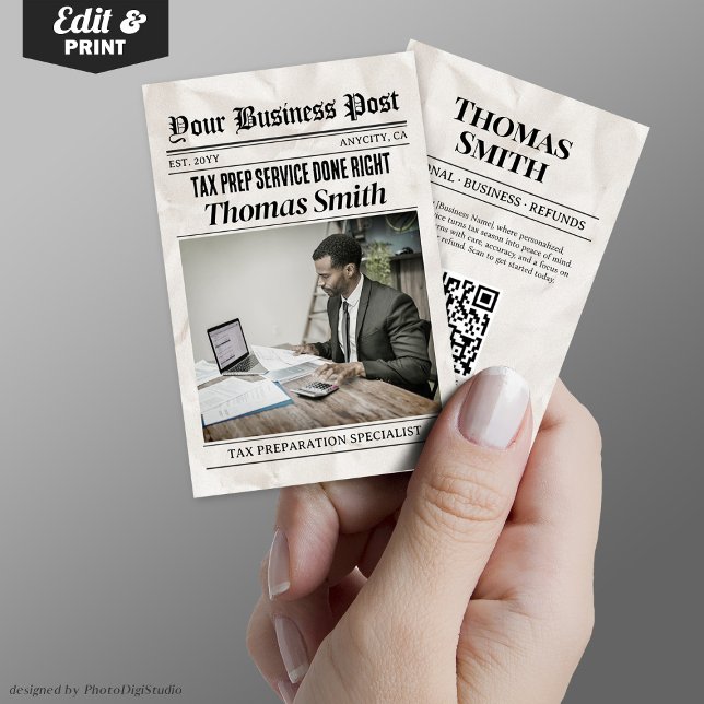 Affärskort för tidningar, momsprep Service Pro (Newspaper Business Card, Tax Prep Service Pro Calling Card)