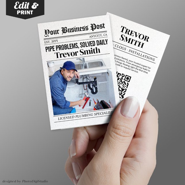 Affärskort för tidningar, rörmokare (Newspaper Business Card, Plumber Plumbing Pro Calling Card)