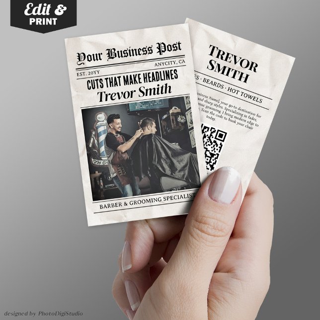 Affärskort för tidningar, Stylist för barber & Gro (Newspaper Business Card, Barber & Grooming Stylist Calling Card)
