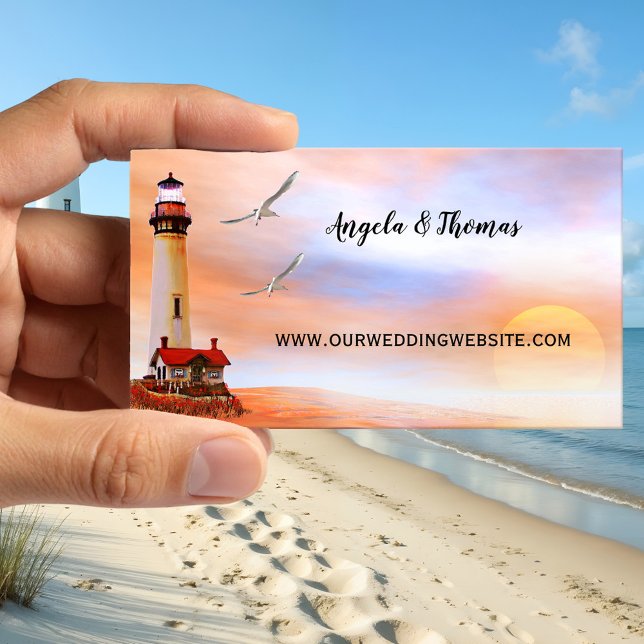 Affärskort för webbplats för fyr-Beach-bröllop Tilläggskort (Wedding website business card featuring a painting of a lighthouse at the beach at sunset)