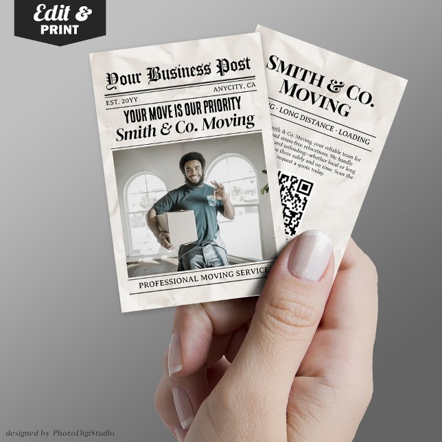 Affärskort, förpackning och Flytta av dagstidninga (Newspaper Business Card, Packing & Moving Services Calling Card)
