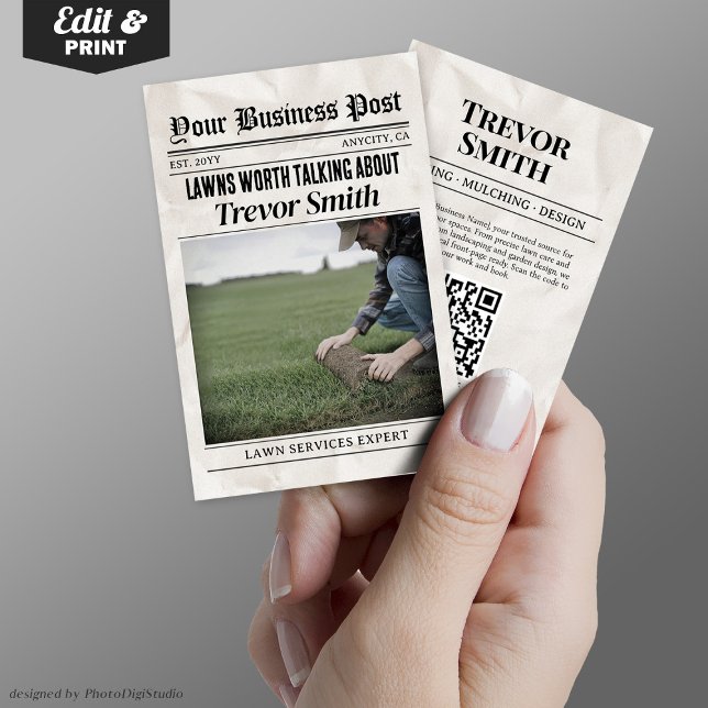Affärskort, Gräsmatta och landskap (Newspaper Business Card, Lawn Care & Landscaping Calling Card)