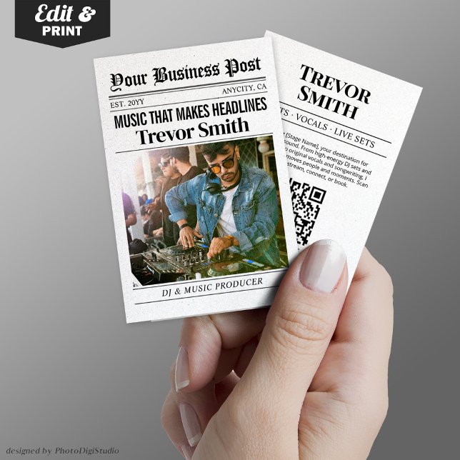 Affärskort, Live DJ Music Producer (Newspaper Business Card, Live DJ Music Producer Calling Card)