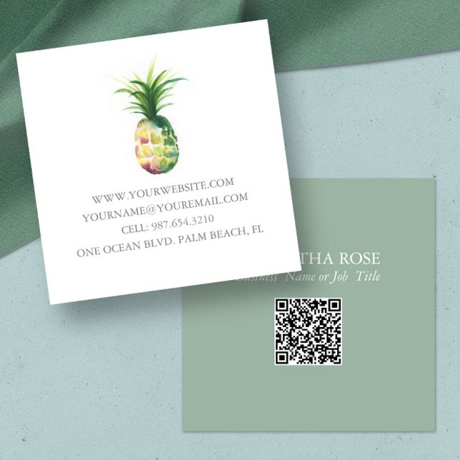 Affärskort-mall vattenfärgsananas fyrkantigt visitkort (Custom business cards feature unique pineapple watercolor art by Victoria Grigaliunas)