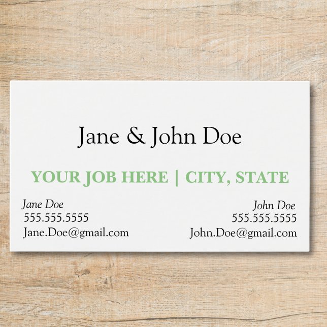 Affärskort med spotvärde för två namn visitkort (business card with slot for two names professional black and white with green text, two contacts)