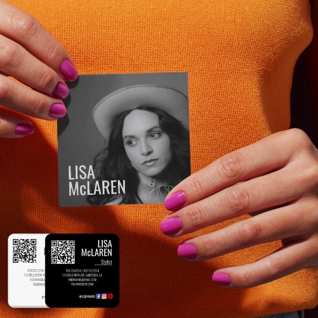 Affärskort - Professionell Foto och QR-kod Fyrkantigt Visitkort (Modern Minimalist Business Cards with Photo & QR Code -  Black and white)