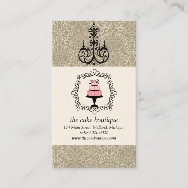 Affärskorten Cake Boutique Finare Taupe Damask Visitkort (Framsida)
