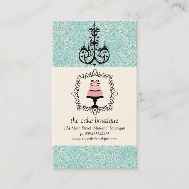 Affärskorten Cake Boutique Finare Teal Damask Visitkort (Framsida)